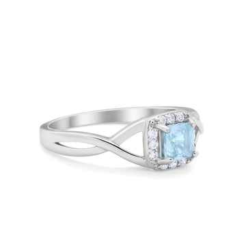 Solitaire Infinity Shank Ring Princess Cut Simulated Aquamarine CZ 925 Sterling Silver